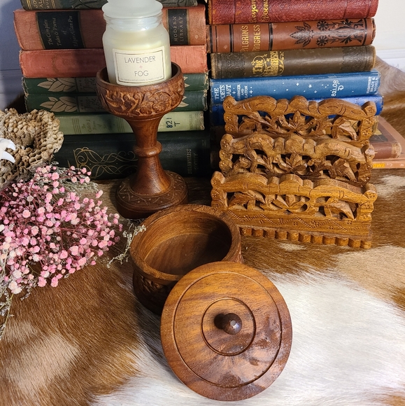 Vintage Other - Vintage Wood floral motif Made in India set of three: letter sorter, box, candle